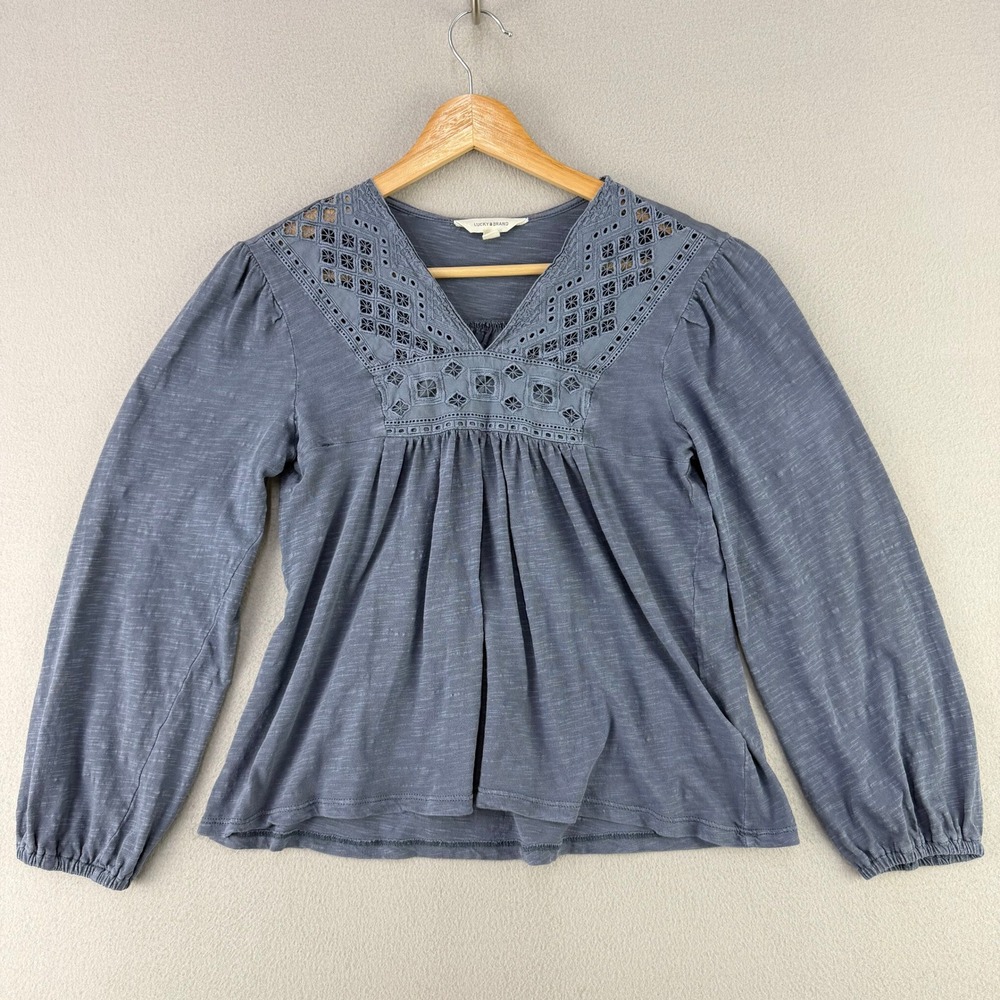 Lucky Brand Eyelet Embroidered Top Women XS Blue Boho Peasant Long Sleeve Cotton